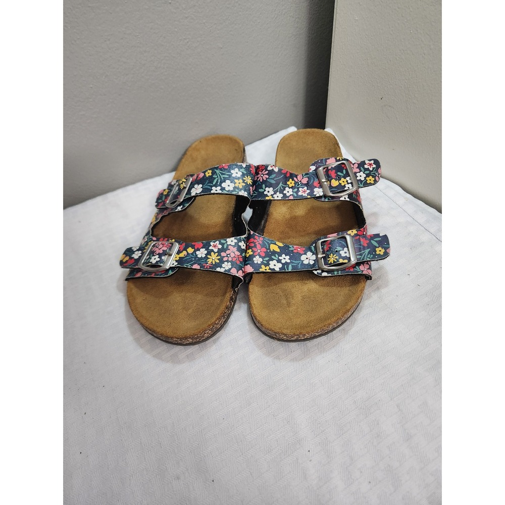 Floral Print Double Buckle Slide Sandals Navy Multi Color Cork Footbed Sz 9/10